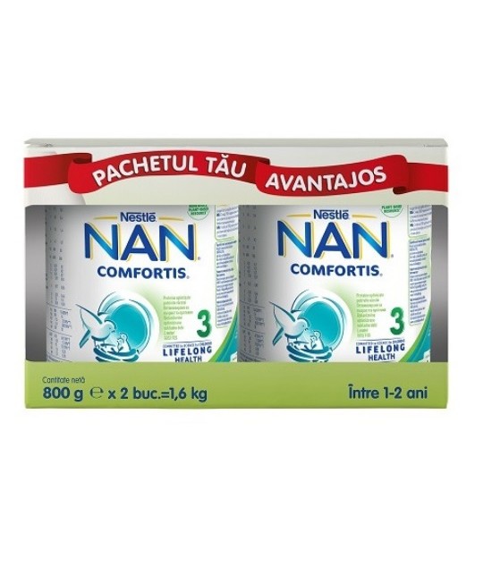 Lapte praf Nestle Nan 3 Comfortis 2 bucati, 800g Pachet avantajos 15% reducere
