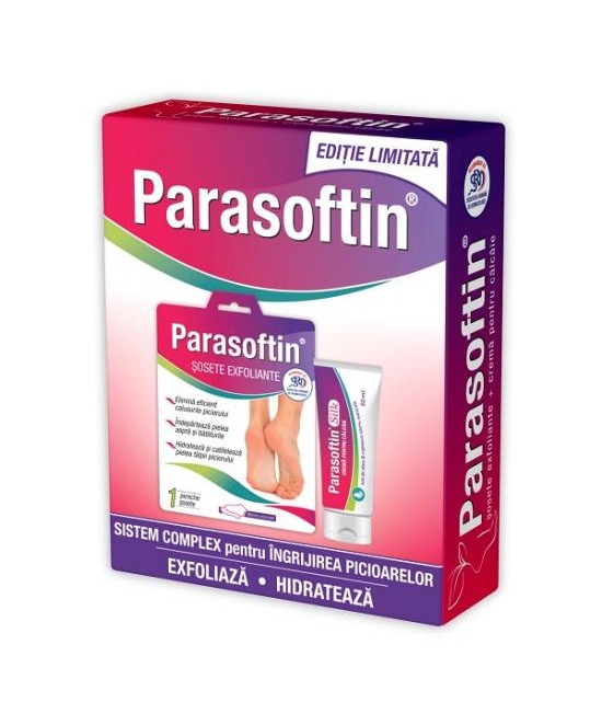 Parasoftin sosete exfoliante + Parasoftin silk crema pentru calcaie ,50 ml Pachet