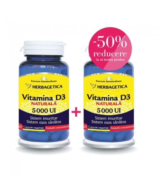 Vitamina d3 naturala 5000 UI, 60 capsule pachet 1+50% din al doilea